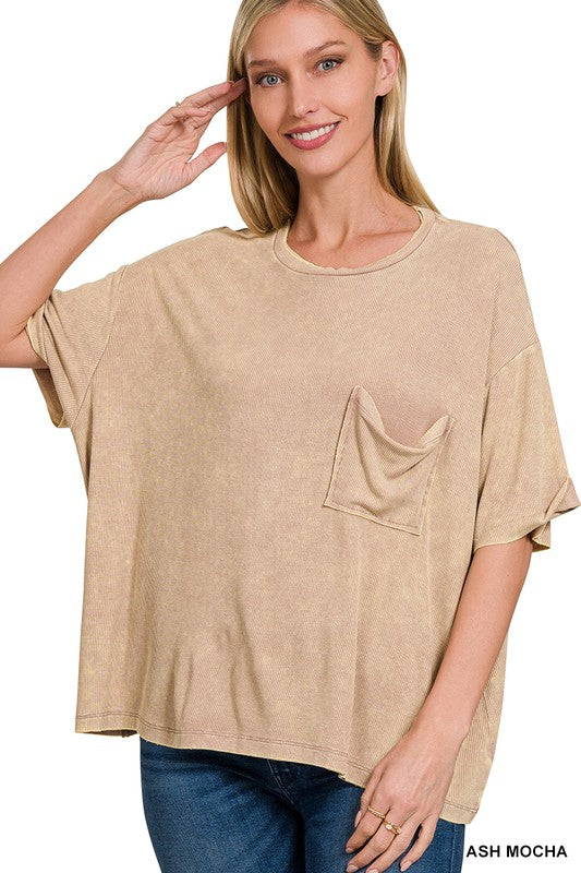 Zenana Washed Oversized Ribbed Crew Neck T-Shirt in 4 Colors