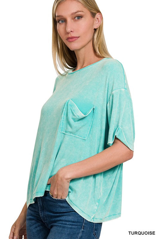 Zenana Washed Oversized Ribbed Crew Neck T-Shirt in 4 Colors