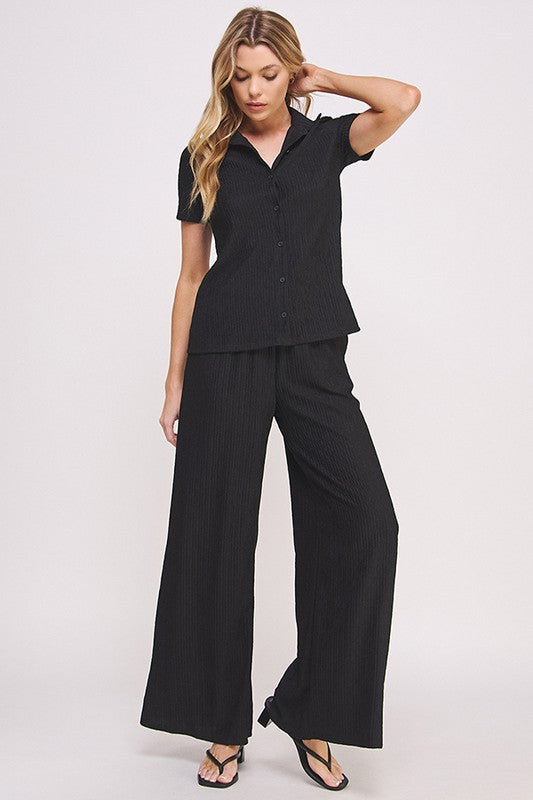 JADE BY JANE PLUS SIZE TWO PIECE TEXTURED SHORT SLEEVE TOP & WIDE LEG PANTS SET IN 3 COLORS