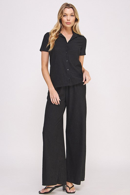 JADE BY JANE PLUS SIZE TWO PIECE TEXTURED SHORT SLEEVE TOP & WIDE LEG PANTS SET IN 3 COLORS