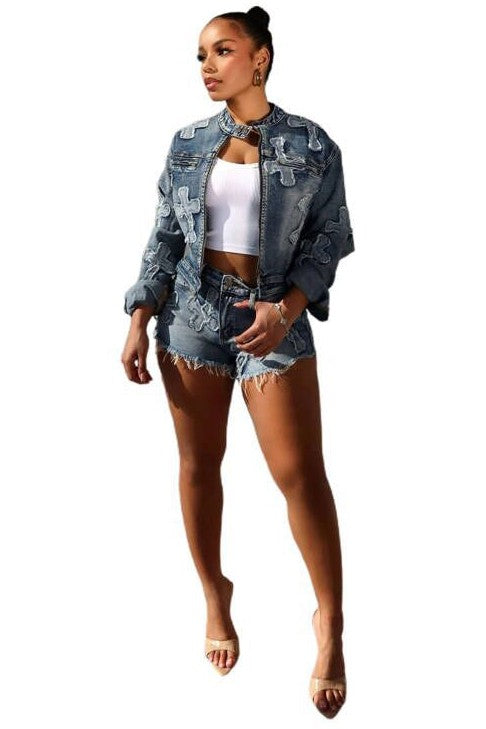 BY CLAUDE TWO PIECE DENIM JACKET AND SHORTS SET IN 2 COLORS