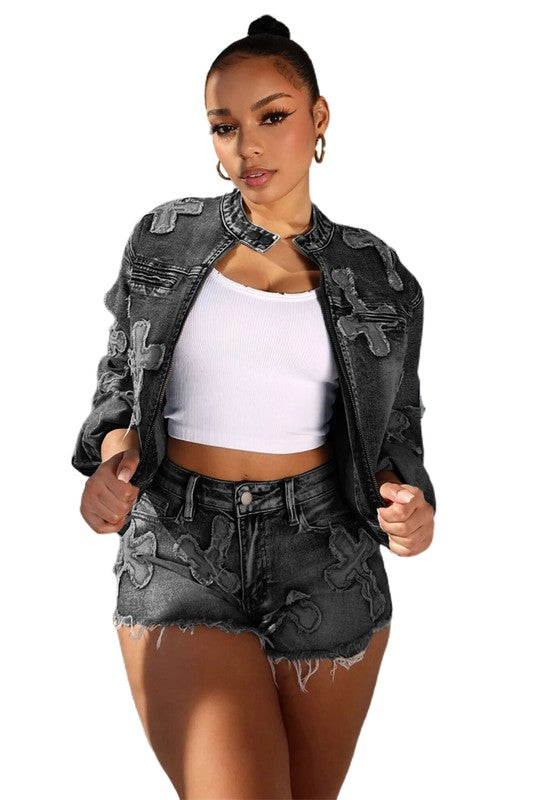 BY CLAUDE TWO PIECE DENIM JACKET AND SHORTS SET IN 2 COLORS