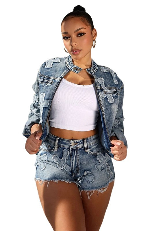 BY CLAUDE TWO PIECE DENIM JACKET AND SHORTS SET IN 2 COLORS