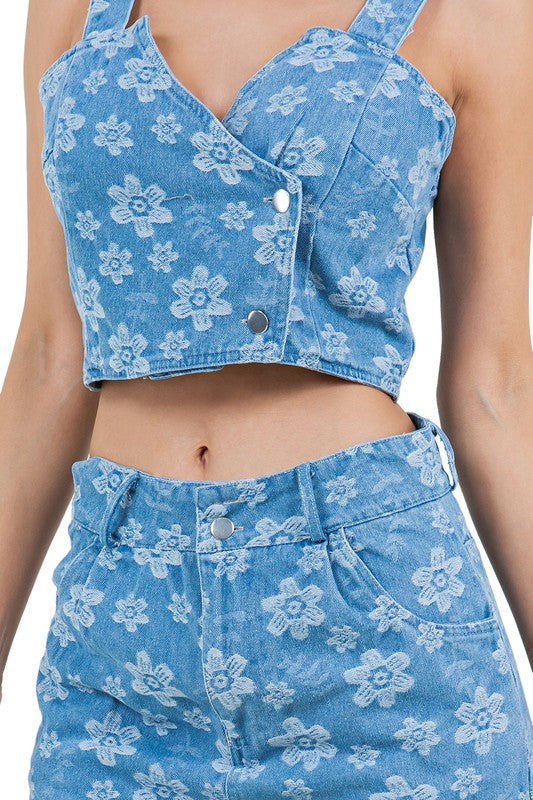 BY CLAUDE TWO PIECE DENIM TANK AND PANTS SET IN FLORAL BLUE