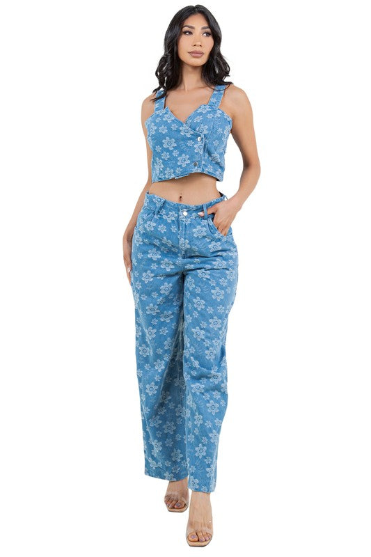 BY CLAUDE TWO PIECE DENIM TANK AND PANTS SET IN FLORAL BLUE