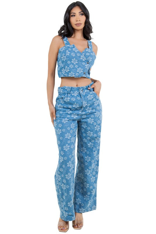 BY CLAUDE TWO PIECE DENIM TANK AND PANTS SET IN FLORAL BLUE