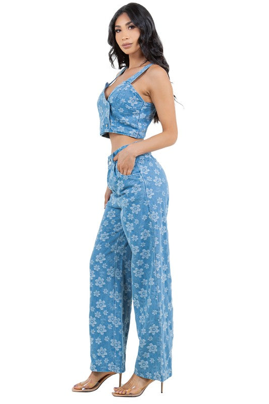 BY CLAUDE TWO PIECE DENIM TANK AND PANTS SET IN FLORAL BLUE