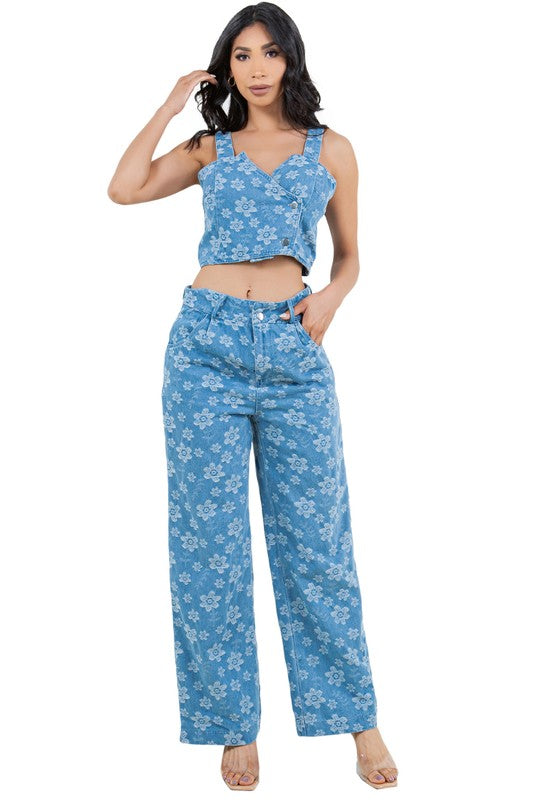 BY CLAUDE TWO PIECE DENIM TANK AND PANTS SET IN FLORAL BLUE