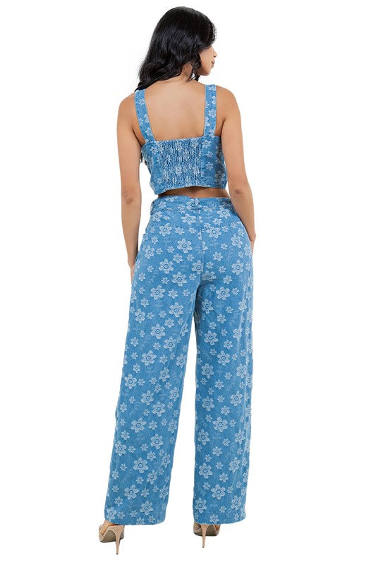 BY CLAUDE TWO PIECE DENIM TANK AND PANTS SET IN FLORAL BLUE