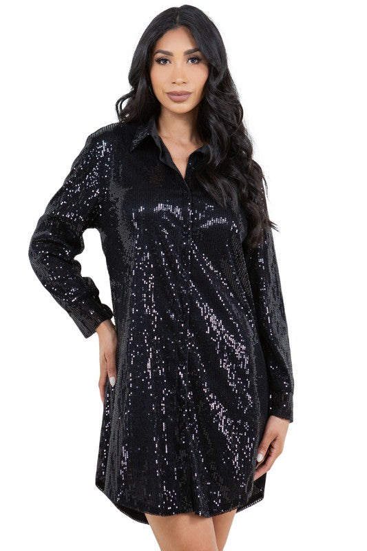 BY CLAUDE SEQUIN MINI SHIRT DRESS