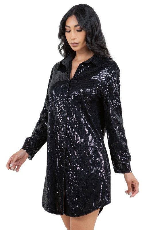 BY CLAUDE SEQUIN MINI SHIRT DRESS