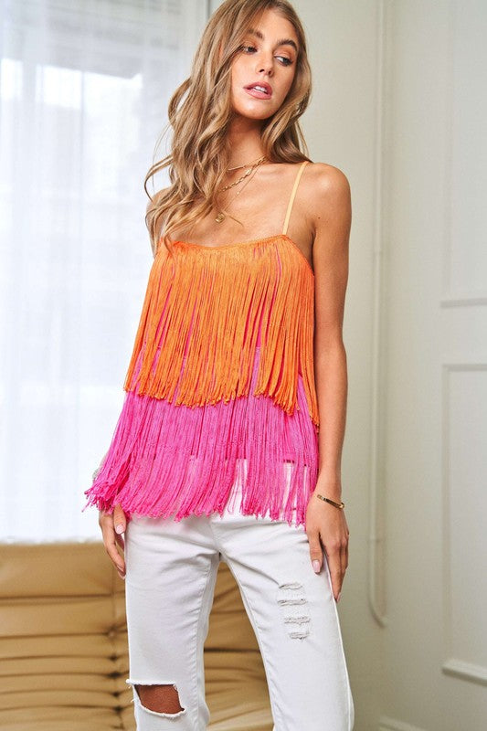 Davi & Dani Fringe Overlay Cross Straps Party Cami Top