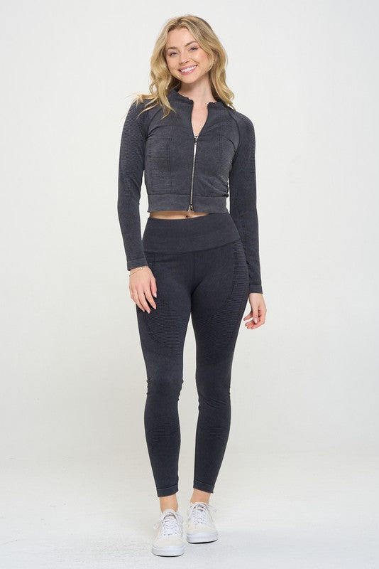 OTOS Active Two-Piece Ribbed Knit Jacket & Leggings Tracksuit Set in 3 Colors