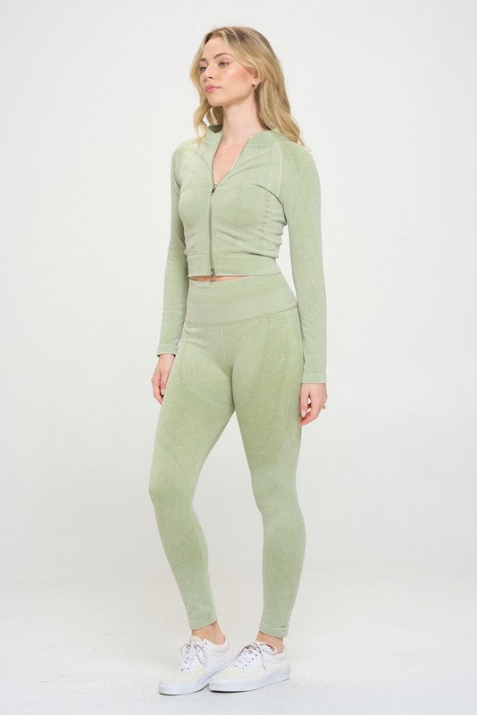 OTOS Active Two-Piece Ribbed Knit Jacket & Leggings Tracksuit Set in 3 Colors