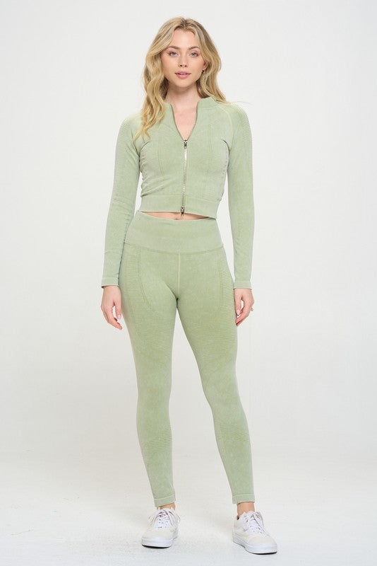 OTOS Active Two-Piece Ribbed Knit Jacket & Leggings Tracksuit Set in 3 Colors