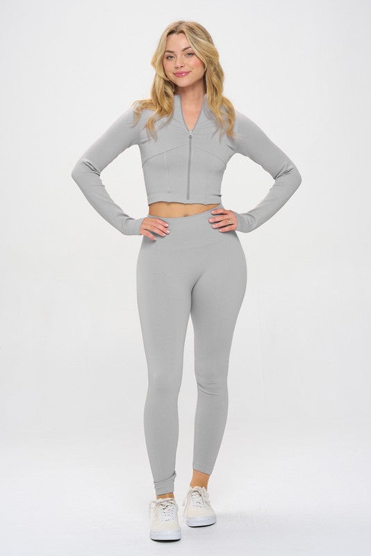 OTOS Active Two Piece Seamless Ribbed Tracksuit Zip-up Jacket & Leggings Set in 5 Colors