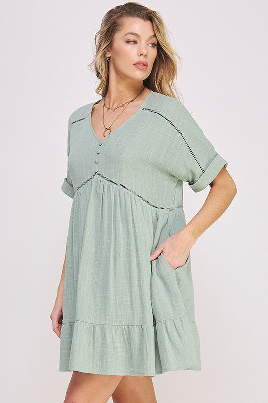 Jade by Jane Wrinkled Cotton Short Sleeve V-Neck Mini Dress in Sage or Charcoal