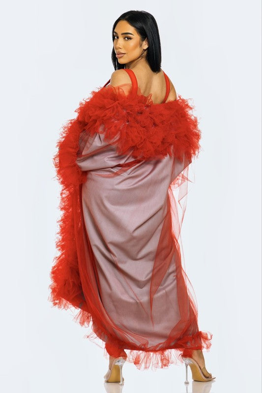 ATHINA Azure Dreamcape Two Piece Sleeveless Jumpsuit and Feather Boa Cape Set in Red or Blue