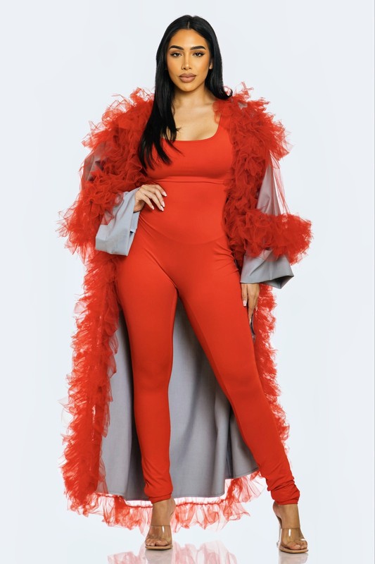 ATHINA Azure Dreamcape Two Piece Sleeveless Jumpsuit and Feather Boa Cape Set in Red or Blue