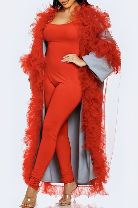 ATHINA Azure Dreamcape Two Piece Sleeveless Jumpsuit and Feather Boa Cape Set in Red or Blue