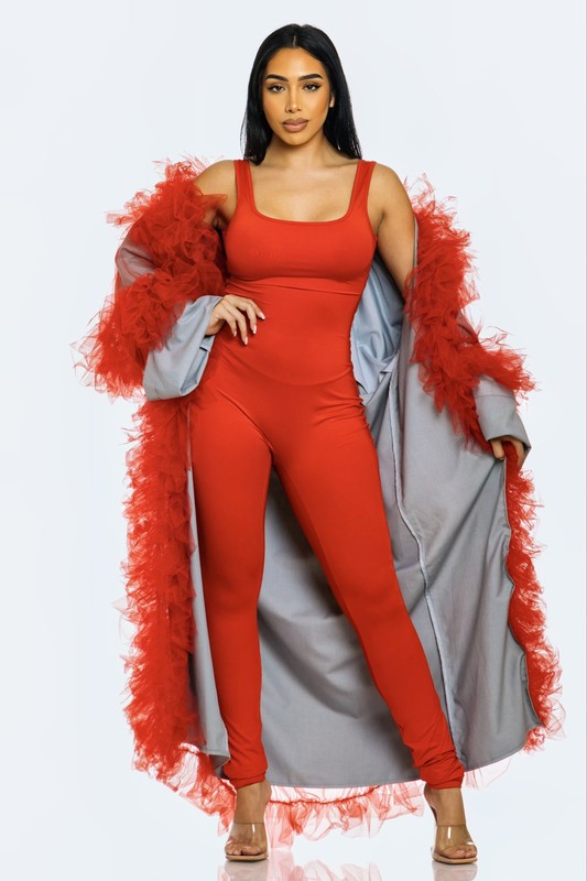 ATHINA Azure Dreamcape Two Piece Sleeveless Jumpsuit and Feather Boa Cape Set in Red or Blue