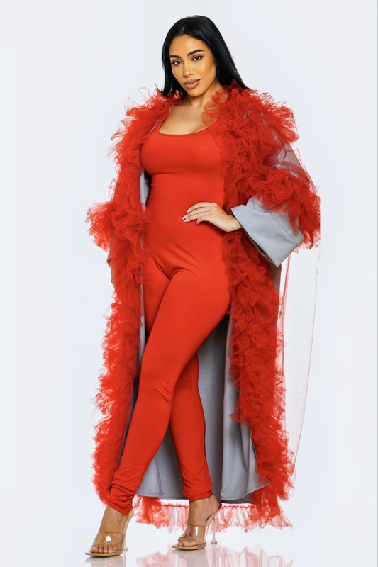 ATHINA Azure Dreamcape Two Piece Sleeveless Jumpsuit and Feather Boa Cape Set in Red or Blue