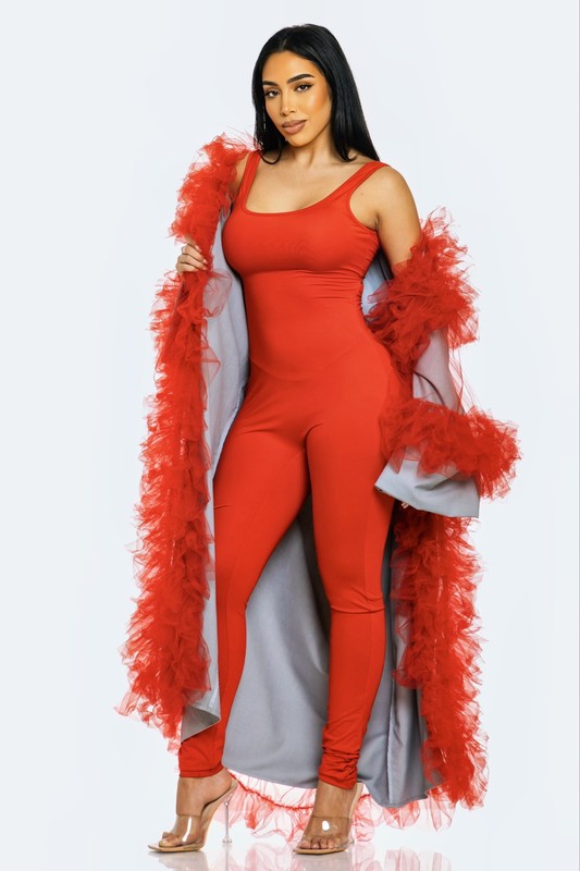 ATHINA Azure Dreamcape Two Piece Sleeveless Jumpsuit and Feather Boa Cape Set in Red or Blue