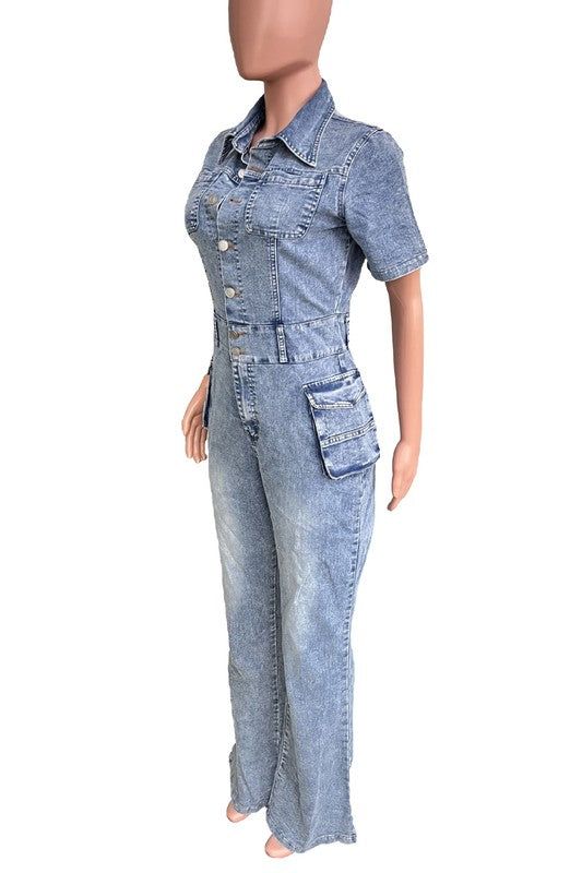 BY CLAUDE SHORT SLEEVE DENIM JUMPSUIT