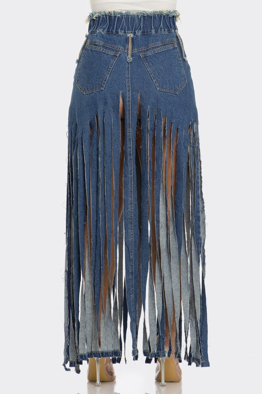 ATHINA Bohemian Rhapsody Fringe Denim Skirt