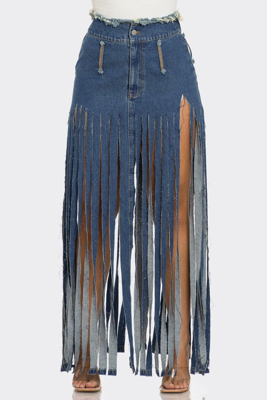 ATHINA Bohemian Rhapsody Fringe Denim Skirt