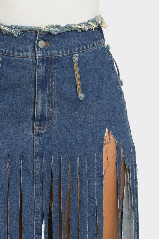 ATHINA Bohemian Rhapsody Fringe Denim Skirt