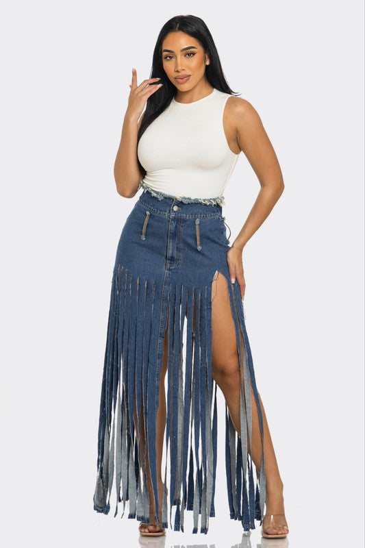 ATHINA Bohemian Rhapsody Fringe Denim Skirt