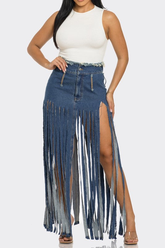 ATHINA Bohemian Rhapsody Fringe Denim Skirt