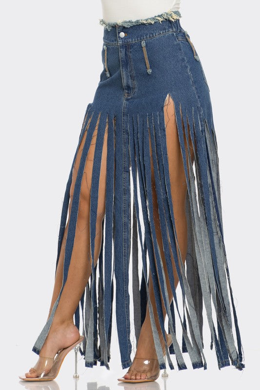 ATHINA Bohemian Rhapsody Fringe Denim Skirt