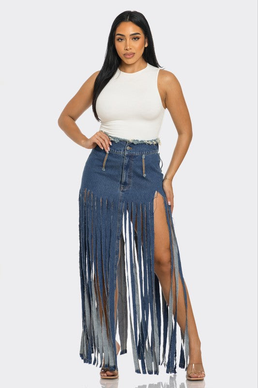 ATHINA Bohemian Rhapsody Fringe Denim Skirt