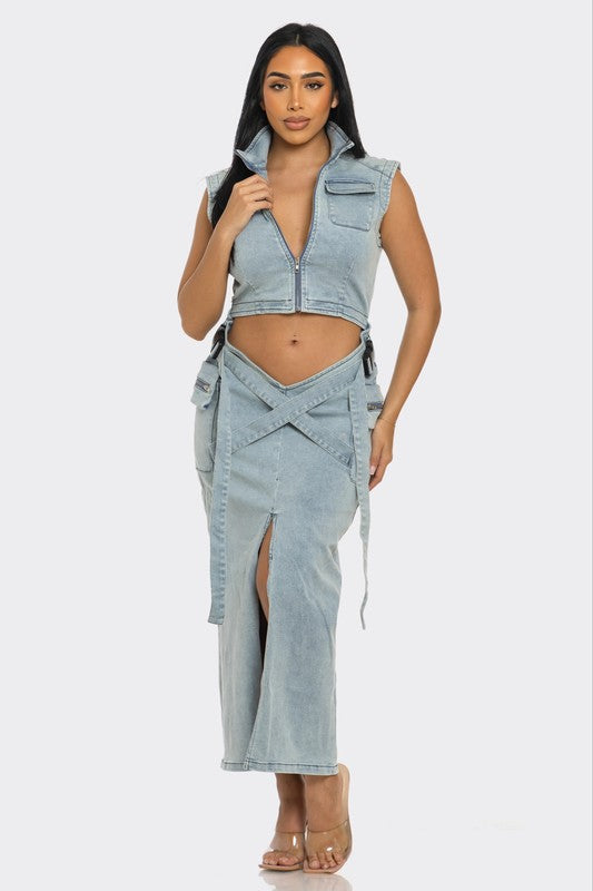 Athina Modern Edge Denim Crop Top & Maxi Skirt Set