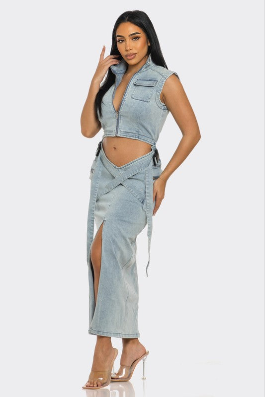 Athina Modern Edge Denim Crop Top & Maxi Skirt Set