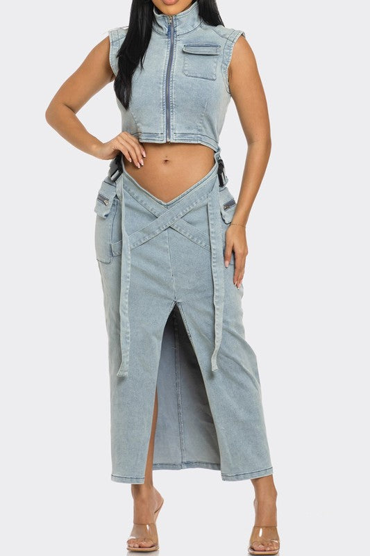 Athina Modern Edge Denim Crop Top & Maxi Skirt Set