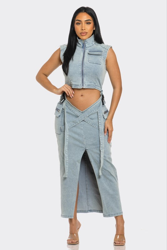 Athina Modern Edge Denim Crop Top & Maxi Skirt Set