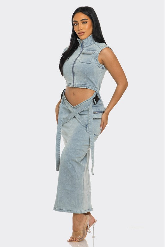 Athina Modern Edge Denim Crop Top & Maxi Skirt Set