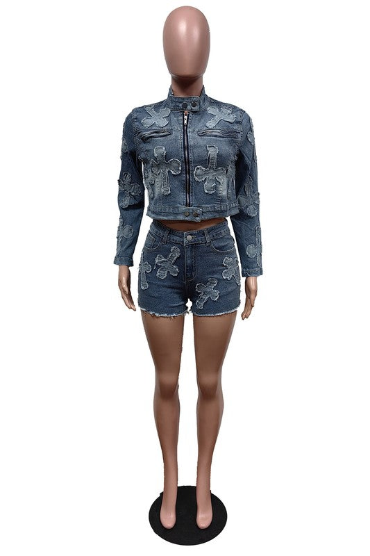 BY CLAUDE TWO PIECE DENIM JACKET AND SHORTS SET IN 2 COLORS