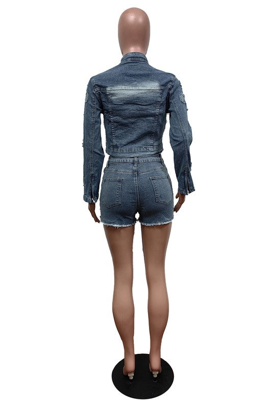 BY CLAUDE TWO PIECE DENIM JACKET AND SHORTS SET IN 2 COLORS