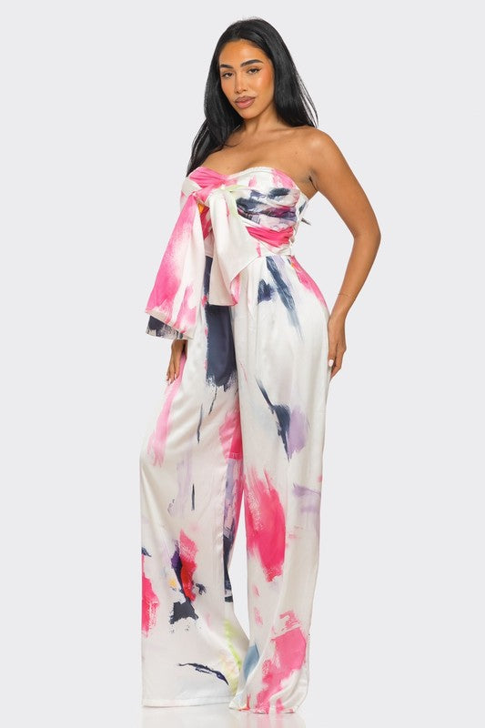 Athina Abstract Elegance Printed Wide Leg Strapless Jumpsuit