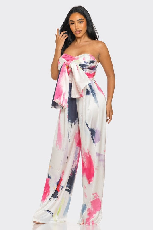 Athina Abstract Elegance Printed Wide Leg Strapless Jumpsuit