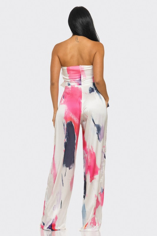 Athina Abstract Elegance Printed Wide Leg Strapless Jumpsuit