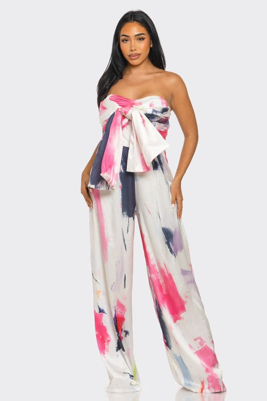 Athina Abstract Elegance Printed Wide Leg Strapless Jumpsuit