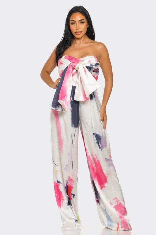 Athina Abstract Elegance Printed Wide Leg Strapless Jumpsuit