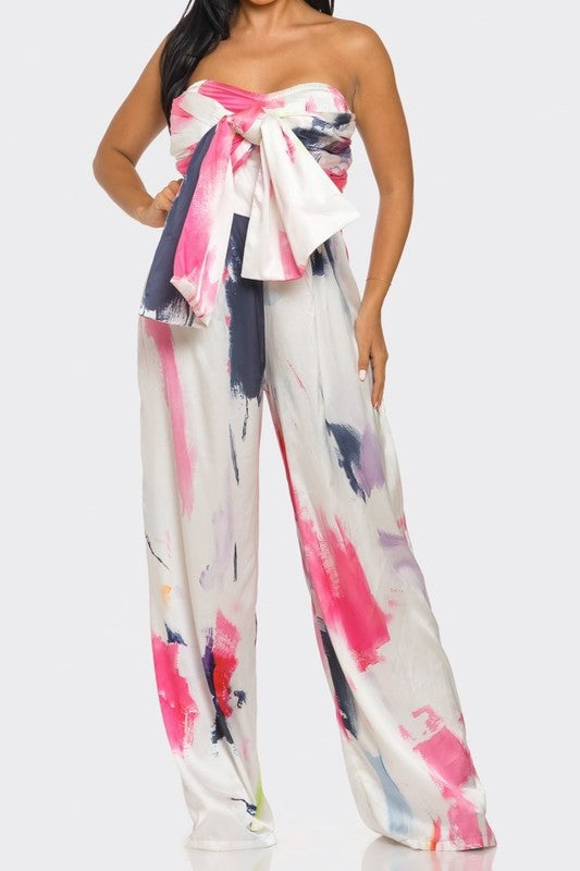 Athina Abstract Elegance Printed Wide Leg Strapless Jumpsuit