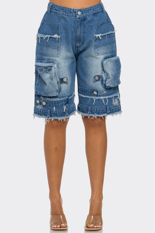 Athina Utility-Chic Frayed Denim Cargo Shorts