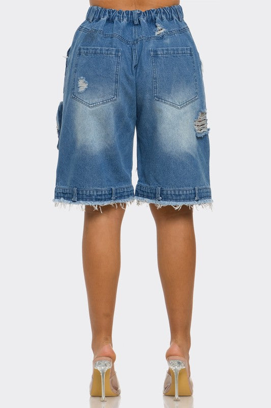 Athina Utility-Chic Frayed Denim Cargo Shorts